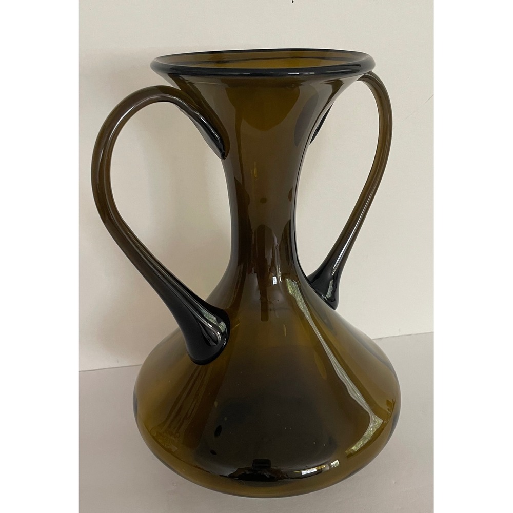Vtg Mid Century Modern Empoli Glass Double Handle Hand Blown Olive Brown 10.5"" - Picture 11 of 14